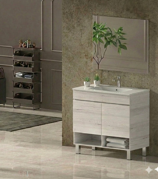Mueble de baño con patas NEBARI con puertas y lavabo extraplano